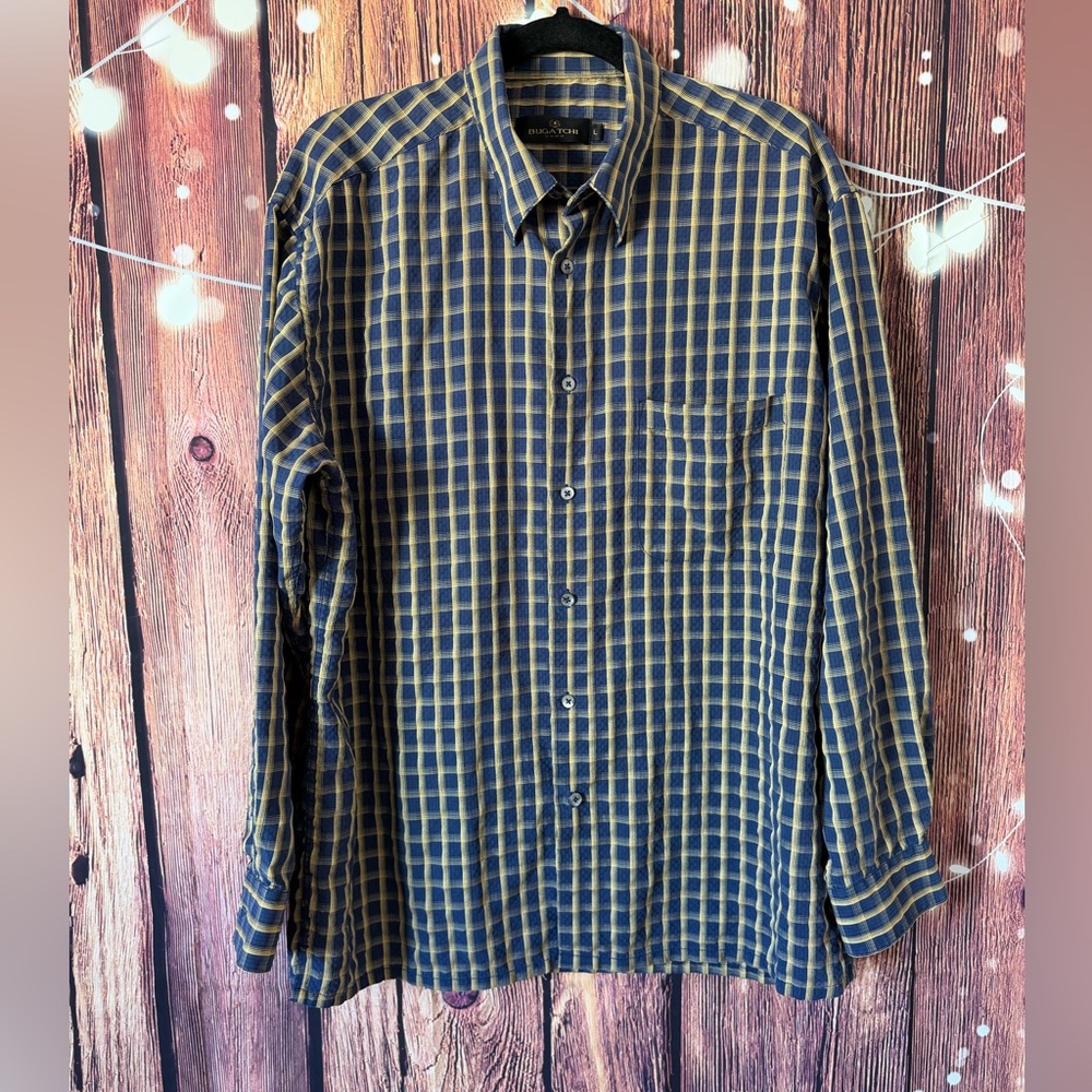 Bugatchi Uomo Navy Blue and Yellow Plaid Long Sleeve Button
Up Shirt Size Large